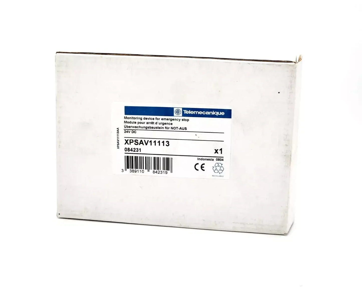Telemecanique Schneider Electric XPSAV11113 safety relay packaging, model 084231 with emergency stop monitoring functions.