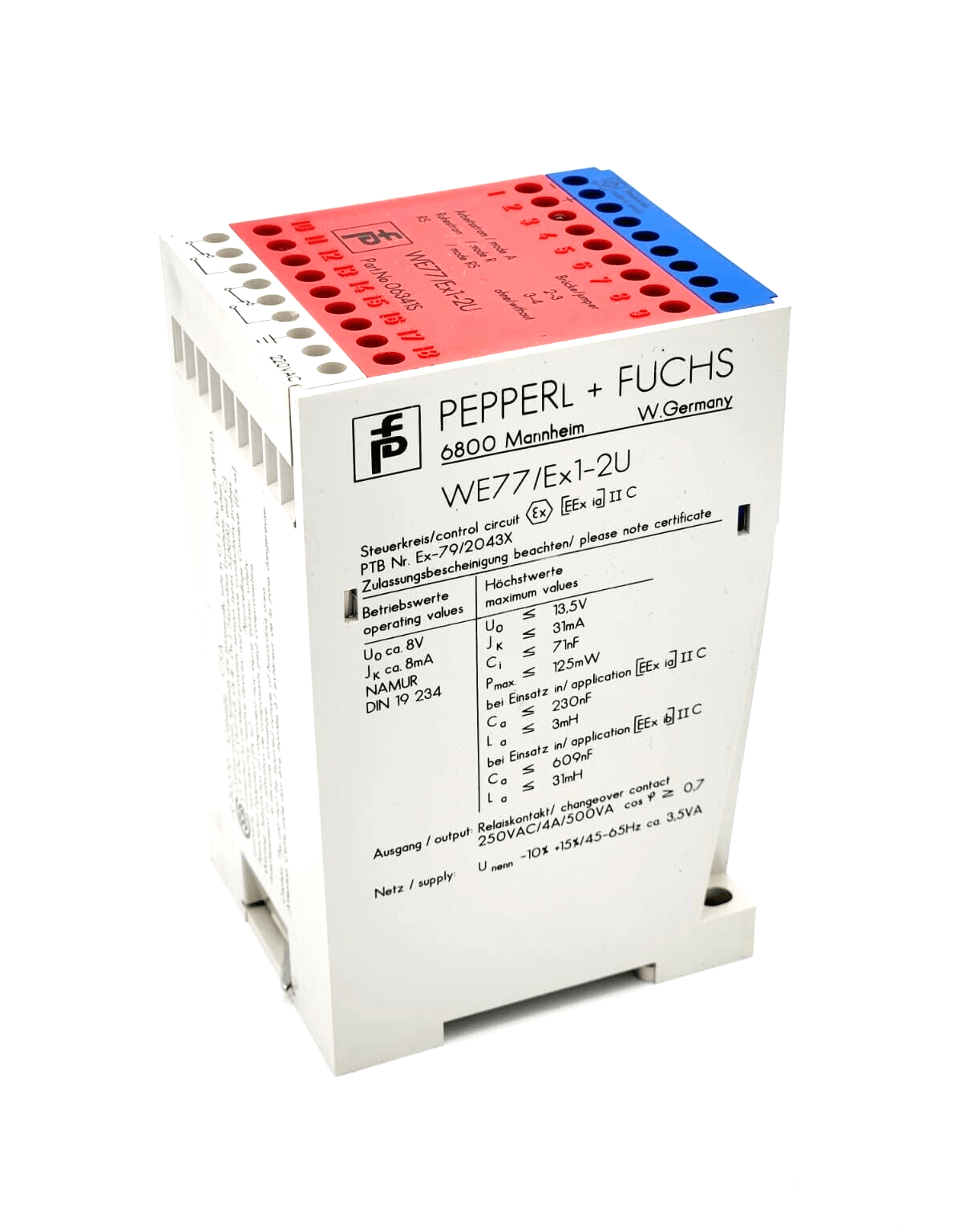 Pepperl+Fuchs 06341 WE77/EX-1-2U 6341 Schaltverstärker 220V AC, industrial amplifier device with detailed specifications visible.