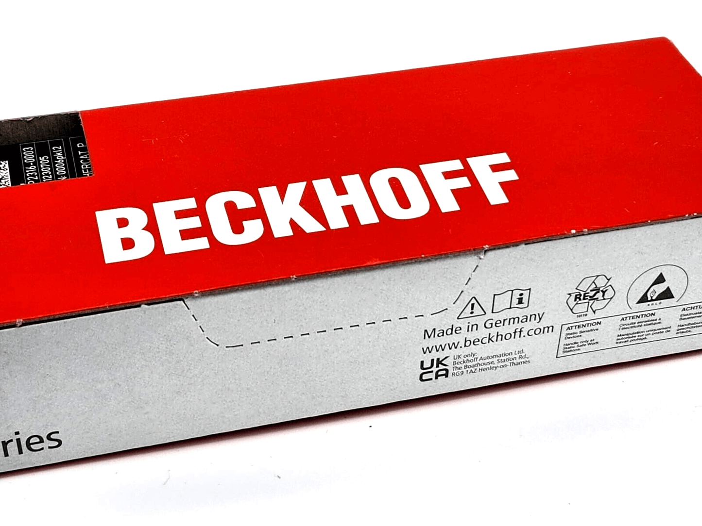 Beckhoff EPP2316-003 EtherCAT P-Box sealed packaging with logo and product details.