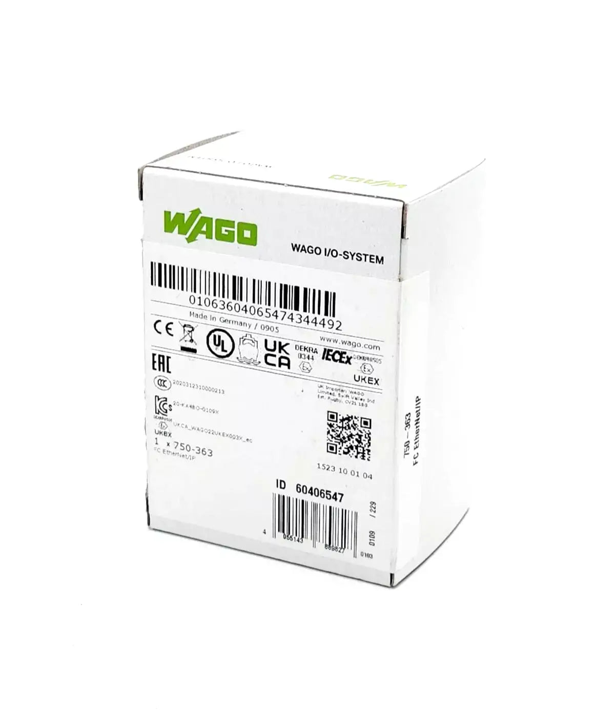Wago 750-363 Feldbuskoppler EtherNet/IP 4th Gen ECO in box with labels showing specifications and standards compliance.