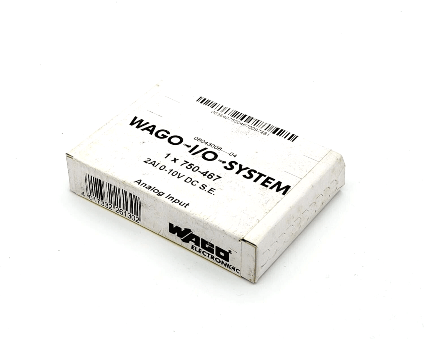 Box of Wago 750-467 2-Channel Analog Input DC 0-10V, Single-Ended Module with product details visible on packaging.