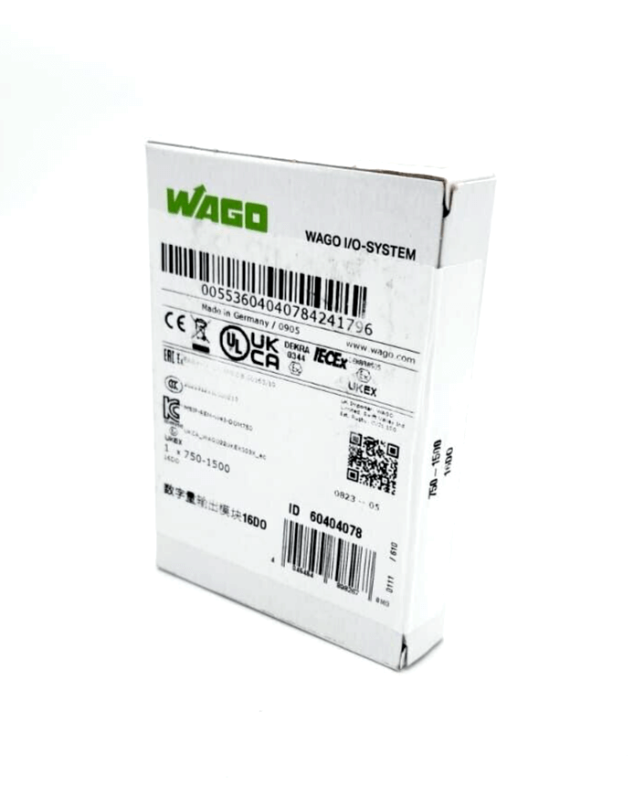 Wago 750-1500 16-Channel Digital Output Module packaging with specifications printed on the box
