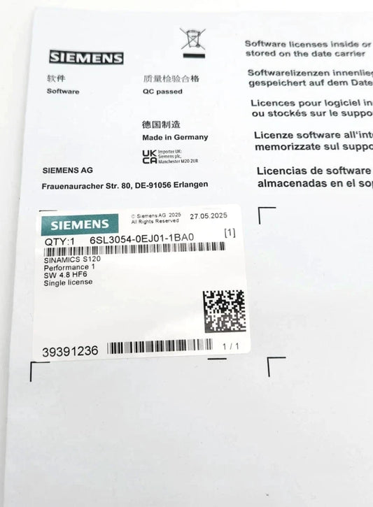 Siemens 6SL3054-0EJ01-1BA0 SINAMICS S120 HF6 CompactFlash Card + Lizenz | sealed, label and packaging details.