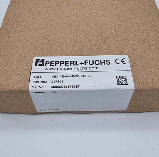 Packaging of Pepperl+Fuchs 217801 VBA-4E4A-KE-ZEJQ/E2L AS-Interface-Sensor-/Aktuatormodul with label information.