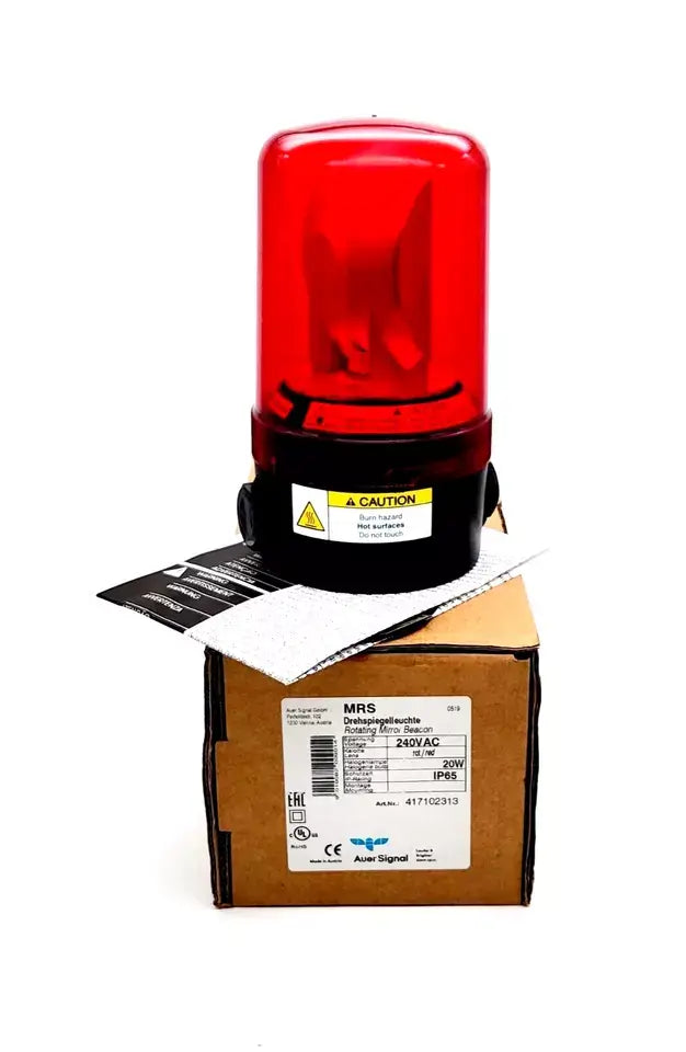 Auer Signal 417102313 MRS red rotating beacon light with modular design and IP65 protection, shown on packaging box.