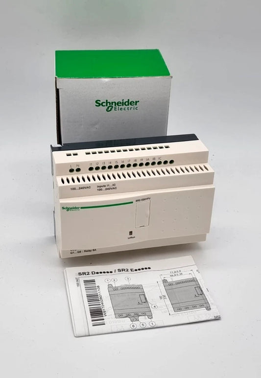 Schneider Electric SR2E201FU 100–240 V AC Smart-Relais Zelio Logic with manual and packaging.