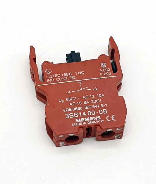 Siemens 3SB1400-0B 22 und 30 mm Schaltelement 1S, electrical switch element with 1 normally open contact, new condition, screw connection type.