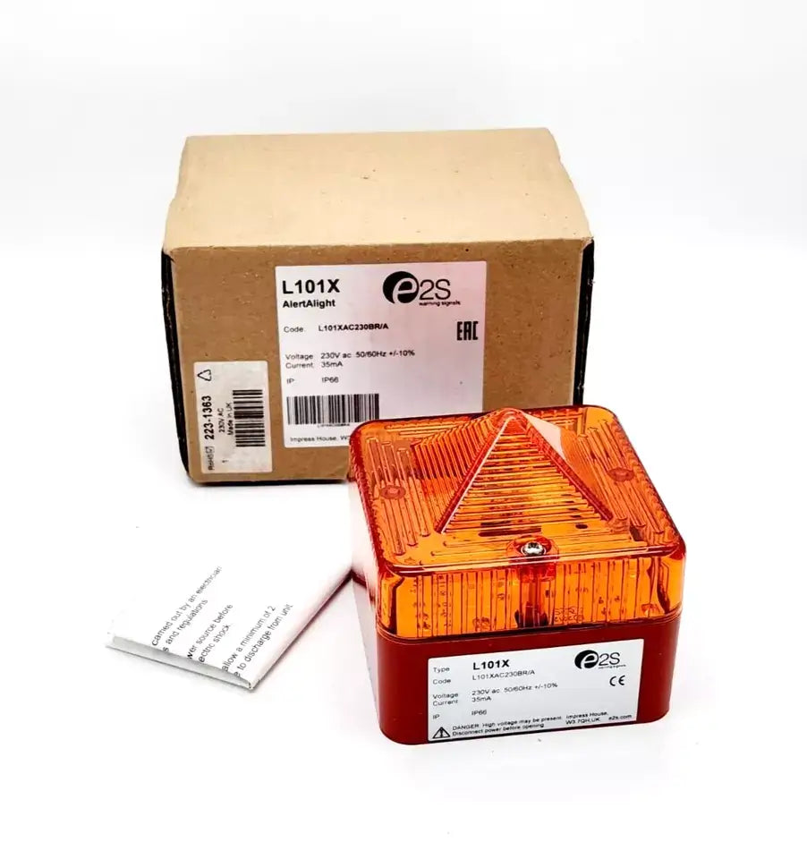 e2s L101X Signalleuchte Xenon blinkend orange 230 V ac 83mm L101XAC230BR/A product image with packaging