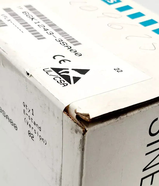 Close-up of sealed box of Siemens 6GK1243-3SA00 SINEC CP 2433 Kommunikationsprozessor with visible labels and codes.
