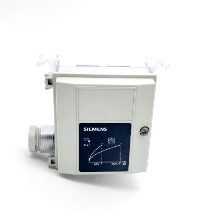 Siemens QBM65.2-1 air duct pressure sensor, 0-100 Pa, for air and non-aggressive gases, with membrane sensing element, shown front view.