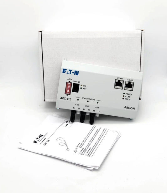 Eaton ARC-EL3 Slave unit ARC-EL3-004025 with packaging and user manuals, ideal for IT system earth fault monitoring.