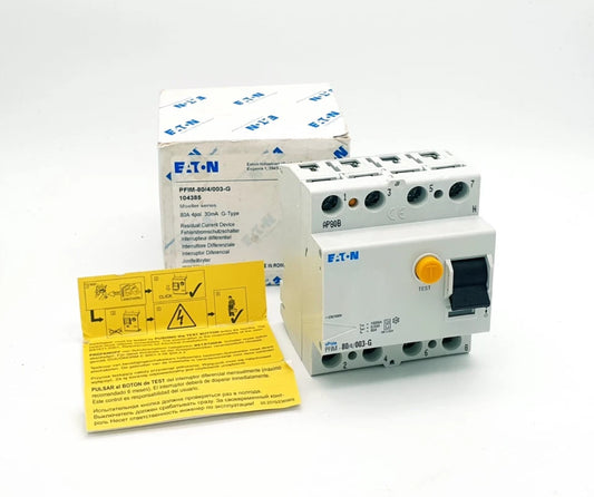 Eaton 104385 Moeller series xPole - PFIM Type AC A U R RCCB 80A 4p 30mA G with packaging and installation guide