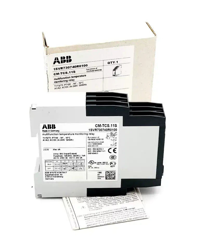 ABB 1SVR730740R0100 CM-TCS.11S temperature monitoring relay with packaging, showing sensor compatibility and LED status indicators.