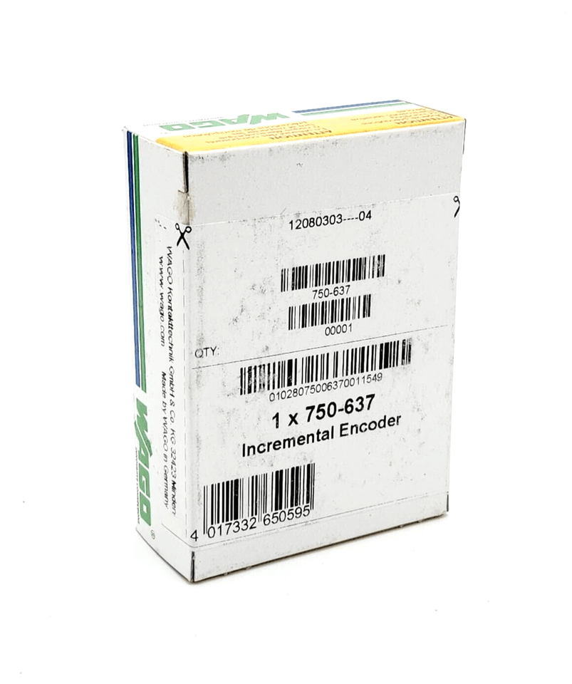 Box of Wago 750-637 Incremental Encoder Interface RS-422, showing barcode and product labels.