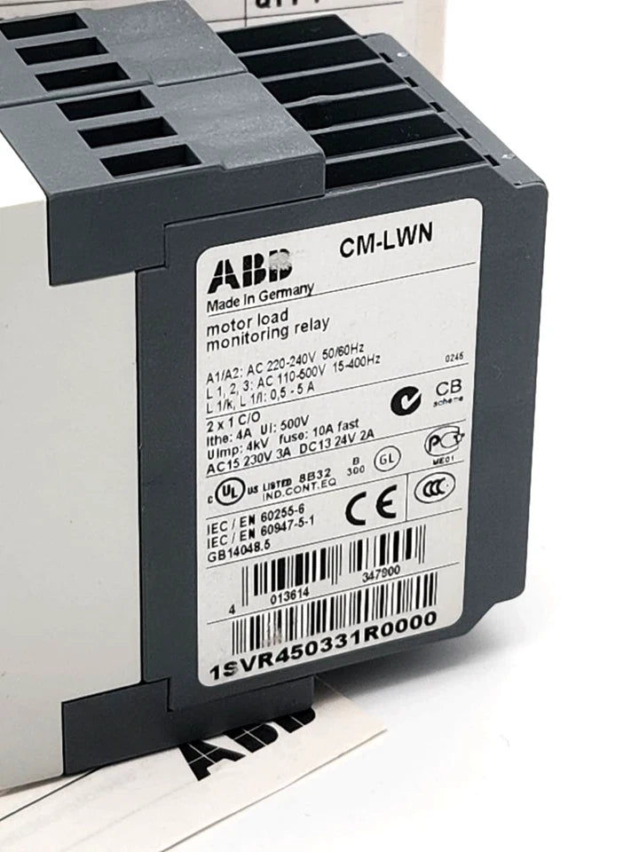 ABB 1SVR450331R0000 CM-LWN Motorlastwächter 220–240 V AC in original packaging, showcasing technical details and branding.