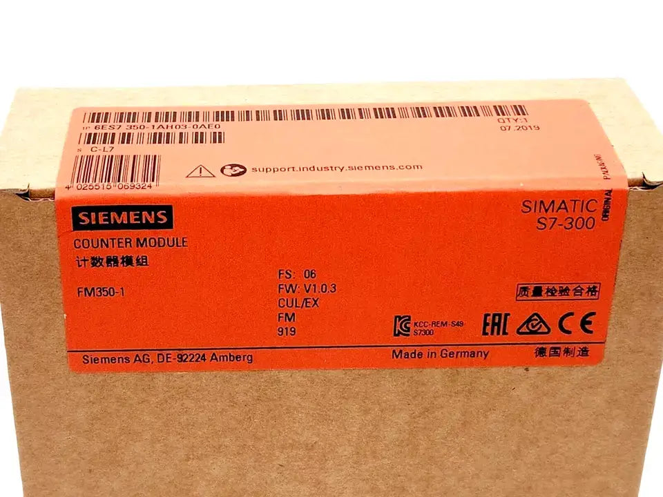 Sealed Siemens 6ES7350-1AH03-0AE0 SIMATIC S7-300 Zählerbaugruppe FM 350-1 packaging box with model details visible.