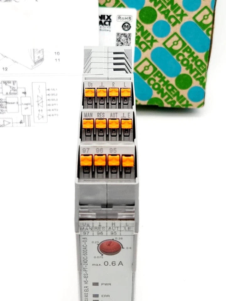 Phoenix Contact 2903904 Hybridmotorstarter ELR H5-IES-PT-24DC/500AC-2, used, for motor protection and direct start, 24V DC control.