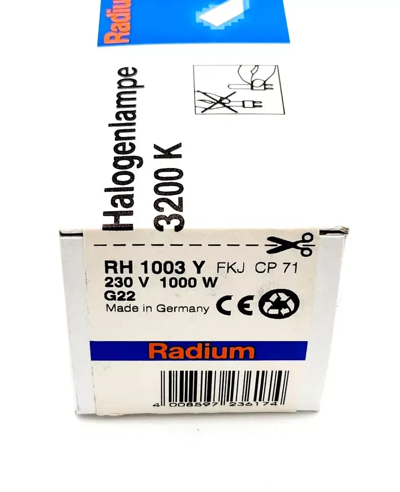 Radium RH 1003 Y FKJ CP71 halogen lamp box, 3200K 230V 1000W G22, made in Germany