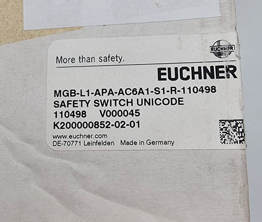 Euchner 110498 MGB-L1-APA-AC6A1-S1-R-110498 Zuhaltemodul safety switch packaging label with product details.