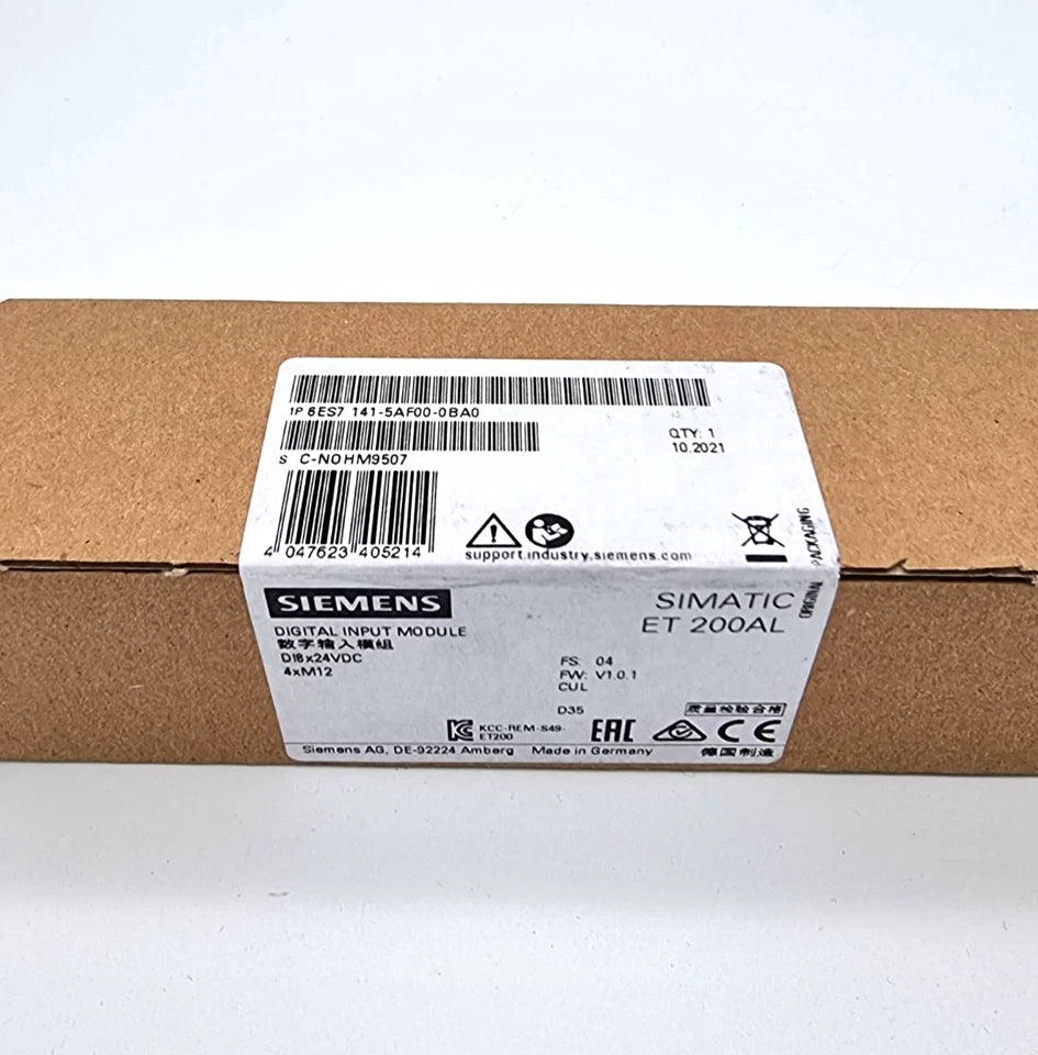 Packaging of Siemens 6ES7141-5AF00-0BA0 SIMATIC ET 200AL IP67 | sealed, showcasing model and specifications on the label.