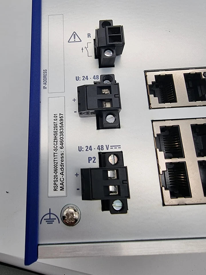 Close-up view of Hirschmann 942-094-999 RSP-06002T1TT-SCCZ9HSE2S | SW Rel. 07.1.00 Managed Industrial Ethernet Switch connectors.