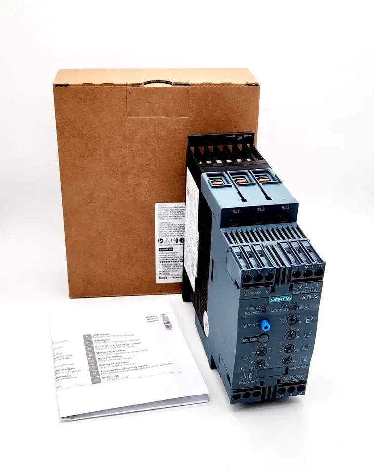 Siemens 3RW4036-1BB15 SIRIUS soft starter with packaging and manual, S2 45A, 30kW, 500V, ideal for motor control applications.