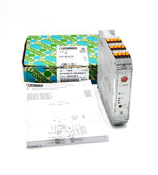 Phoenix Contact 2903904 Hybridmotorstarter ELR H5-IES-PT- 24DC/500AC-2 product image with packaging and technical documentation