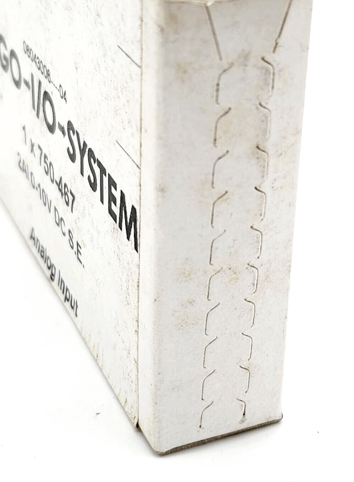 Close-up of Wago 750-487 Analog Input Module packaging with part details visible on the side.