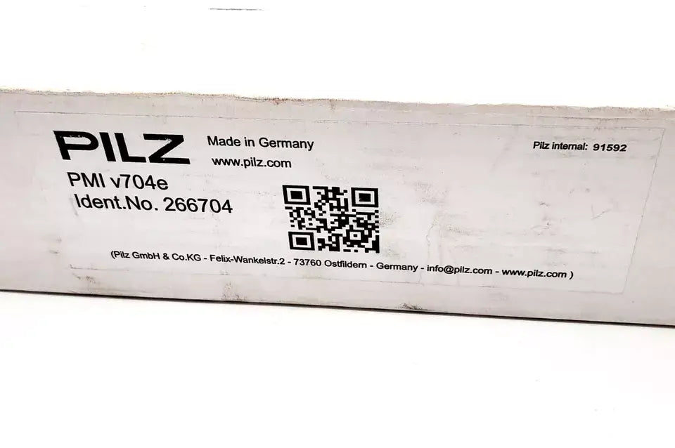 Pilz PMI v704e product box with QR code and identification number 266704, made in Germany.