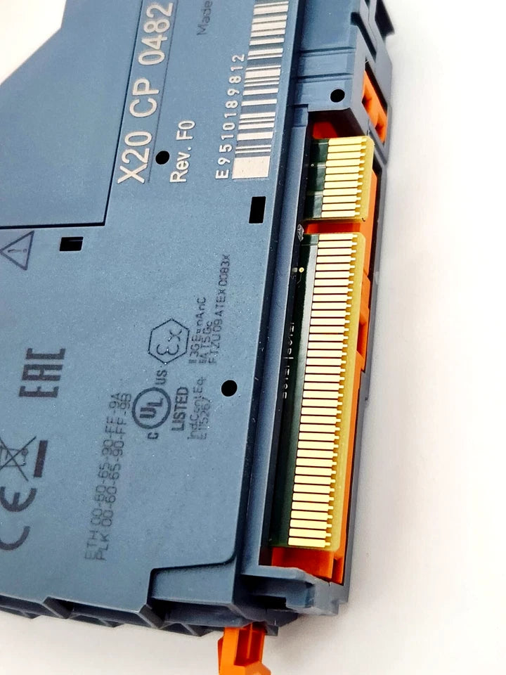 B&R X20CP0482 Compact-S SPS 0xE951 control unit, ARM Cortex-A9 CPU, 128MB DDR3, 1GB Flash, close-up with label details