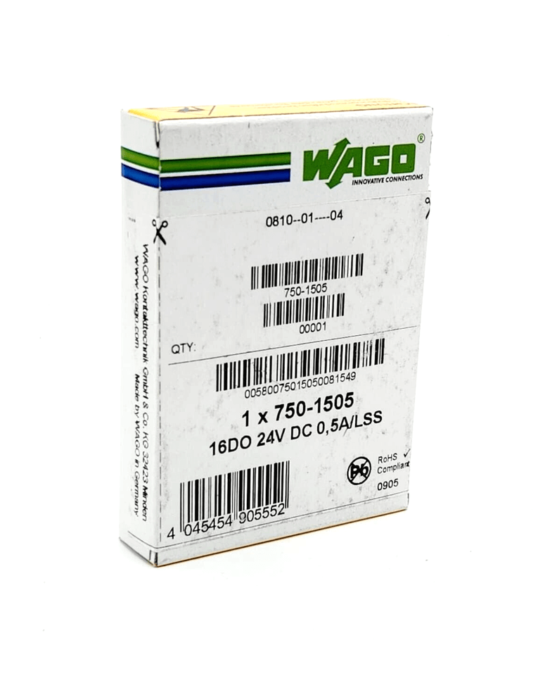 Wago 750-1505 packaging for 16-channel digital output, DC 24V 0.5A, negativschaltend, barcodes visible.