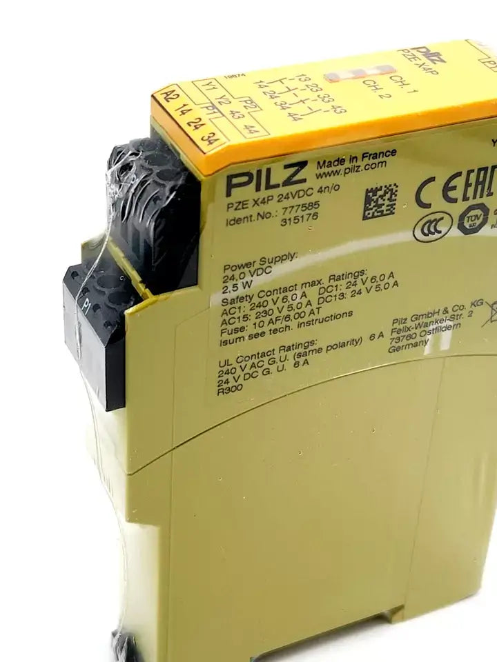 Pilz 777585 PZE X4P Kontakterweiterung 24VDC 4n/o, safety contact expansion module with 4 outputs, 22.5 mm width, 24 V DC power supply.