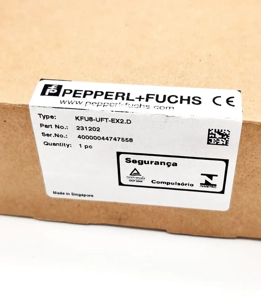 Box of Pepperl+Fuchs KFU8-UFT-EX2.D frequency converter with label showing part number 231202, made in Singapore.