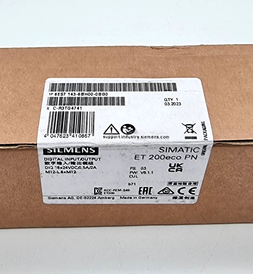 Siemens 6ES7143-6BH00-0BB0 ET 200eco PN DIQ 16x24VDC/2A M12-L | sealed packaging view with product label.
