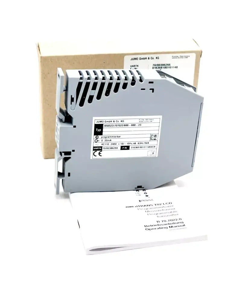 JUMO dTRANS T02 Messumformer 707022/888-888-23 with packaging and manual for installation on DIN rail.
