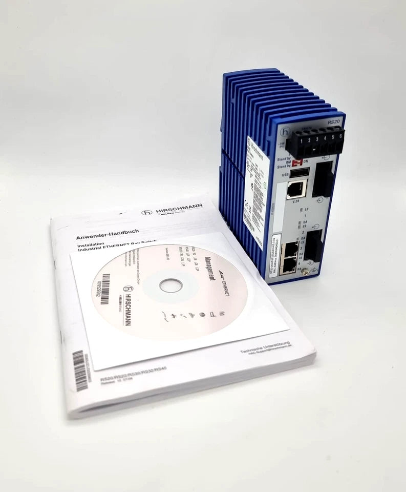 Hirschmann 937-434-013 RS20-0400S2S2SDAE Rail Switch | SW Rel. 05.0.02 with manual and CD on display