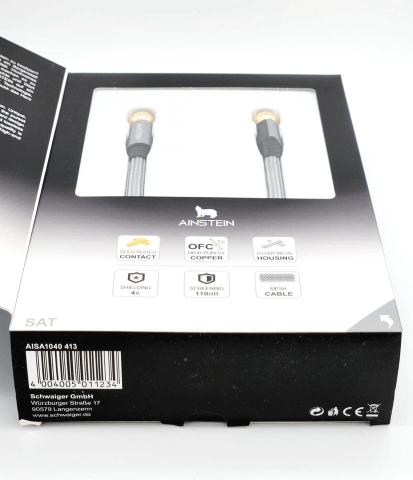 Ainstein 4m SAT-Anschlusskabel in Verpackung, vergoldete F-Stecker, Koaxial, 75Ω, hochwertige SAT-Anlage für beste Signalqualität.