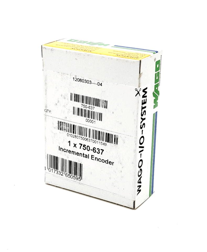Box of Wago 750-637 SPS Incremental Encoder Interface RS-422, 32-bit, featuring encoder connections and 24V output.