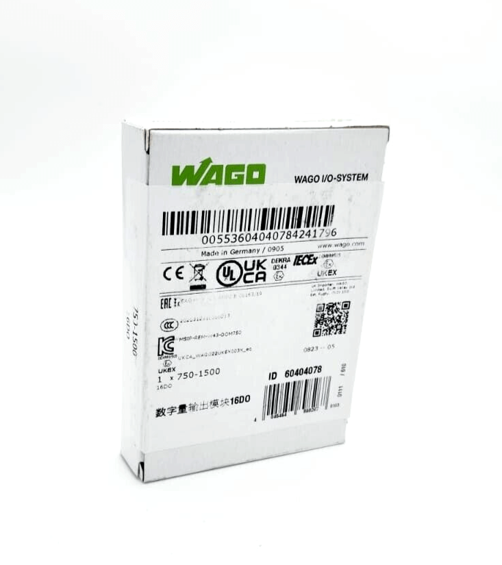 Wago 750-1500 16-Channel Digital Output DC 24V 0.5A flat cable packaging box, I/O system with certifications visible.