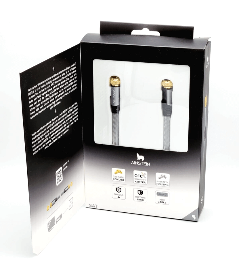 Ainstein 4m SAT cable with gold-plated coaxial F-connectors in retail packaging.