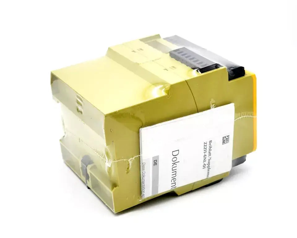 Pilz 777750 PNOZ X10.11P safety relay device, 24VDC, 6n/o 4n/c, with 6 LED indicators, security switch gear, standalone yellow unit.