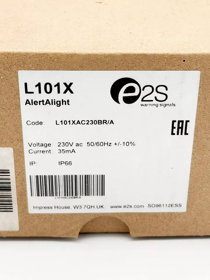 e2s L101X Signalleuchte Xenon blinkend orange 230 V ac 83mm L101XAC230BR/A packaging label with voltage and current details