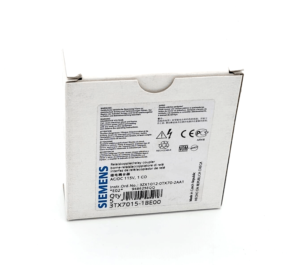 Siemens 3TX7015-1BE00 relay coupler packaging, AC/DC 115V, one piece, with product details on box.