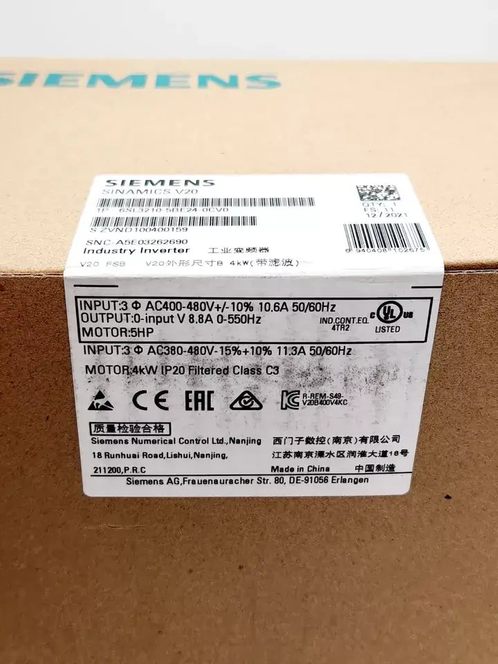 Siemens SINAMICS V20 inverter box label showing technical specifications and compliance logos.