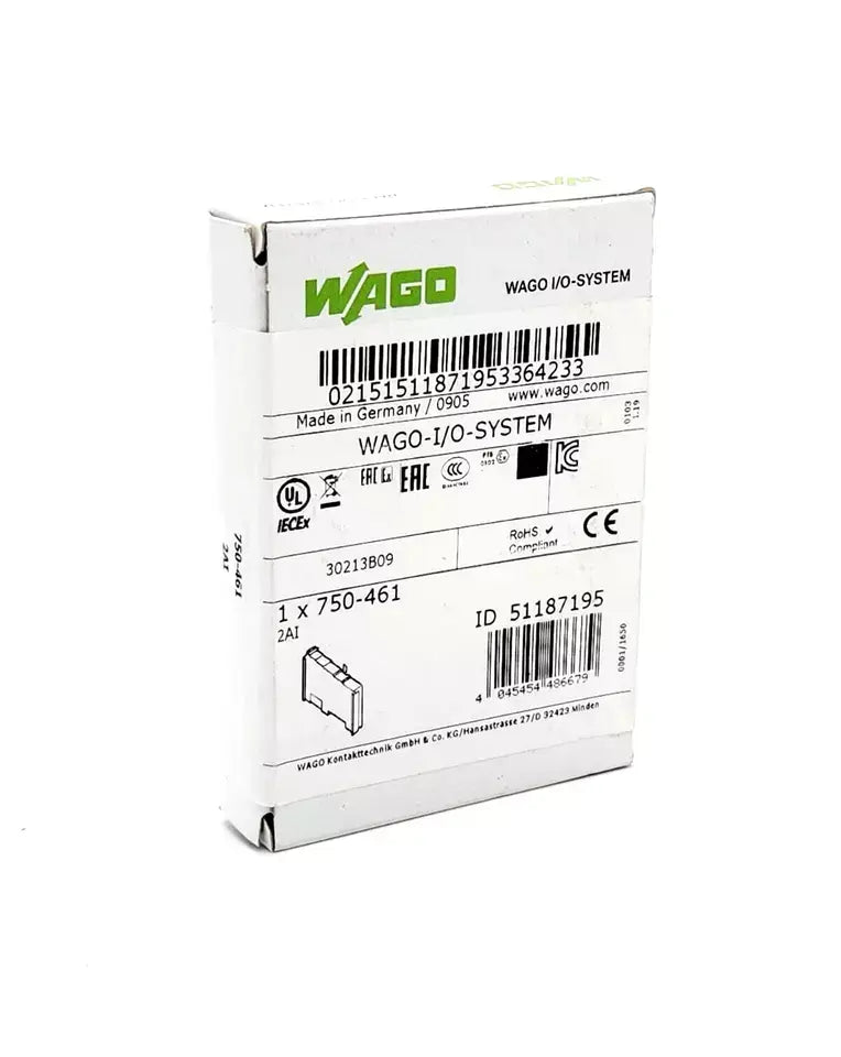 Box packaging of Wago 750-461 Für Widerstandssensoren Pt100-/RTD 2-Kanal-Analogeingang with technical specifications and labels.