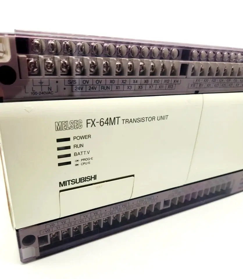 Mitsubishi FX-64MT-ESS compact PLC with transistor outputs, showcasing front panel and connection terminals.