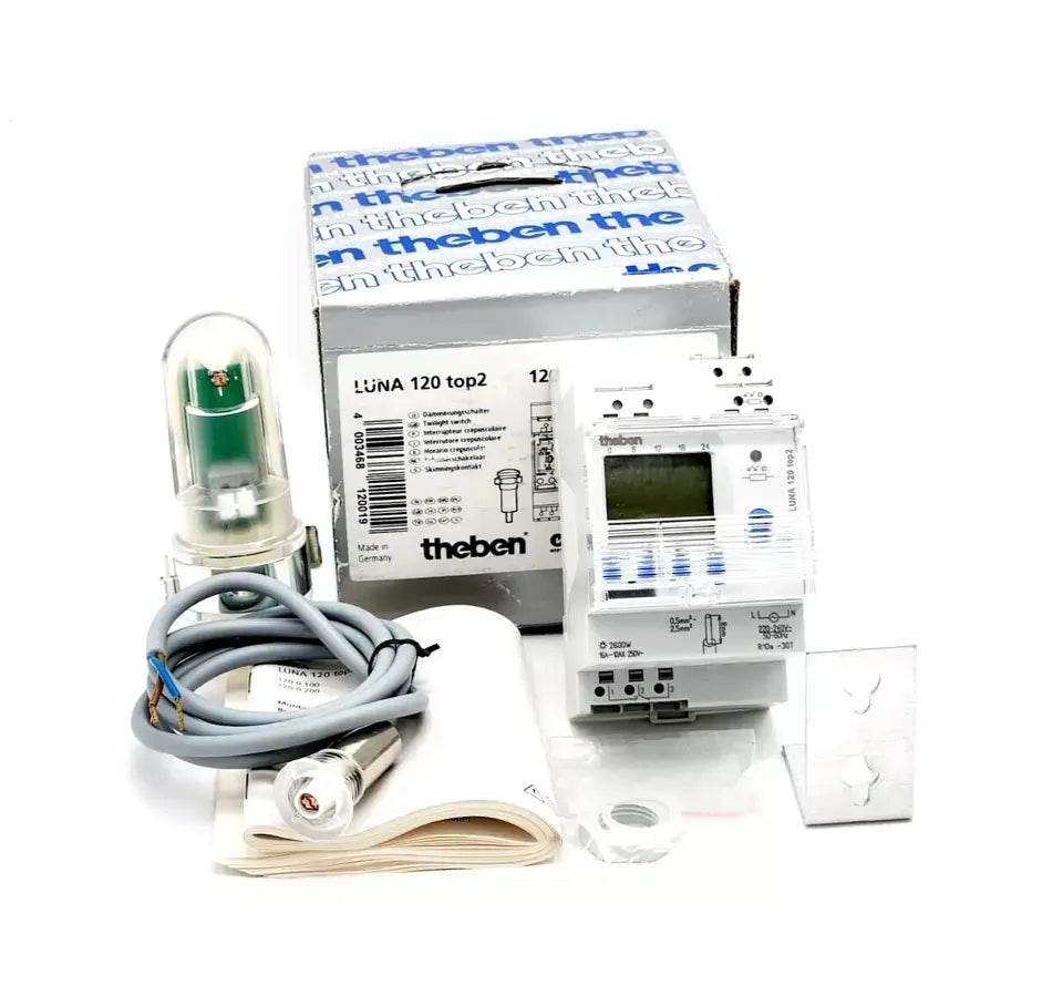Theben 1200200 LUNA 120 top2 twilight switch with box, wiring, and installation guide set on a white background.