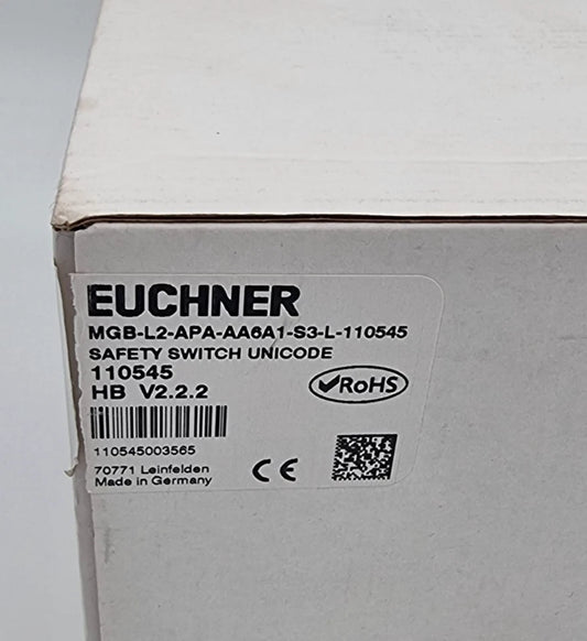 Box of Euchner 110545 MGB-L2-APA-AA6A1-S3-L-110545 Zuhaltemodul with safety switch label and certifications