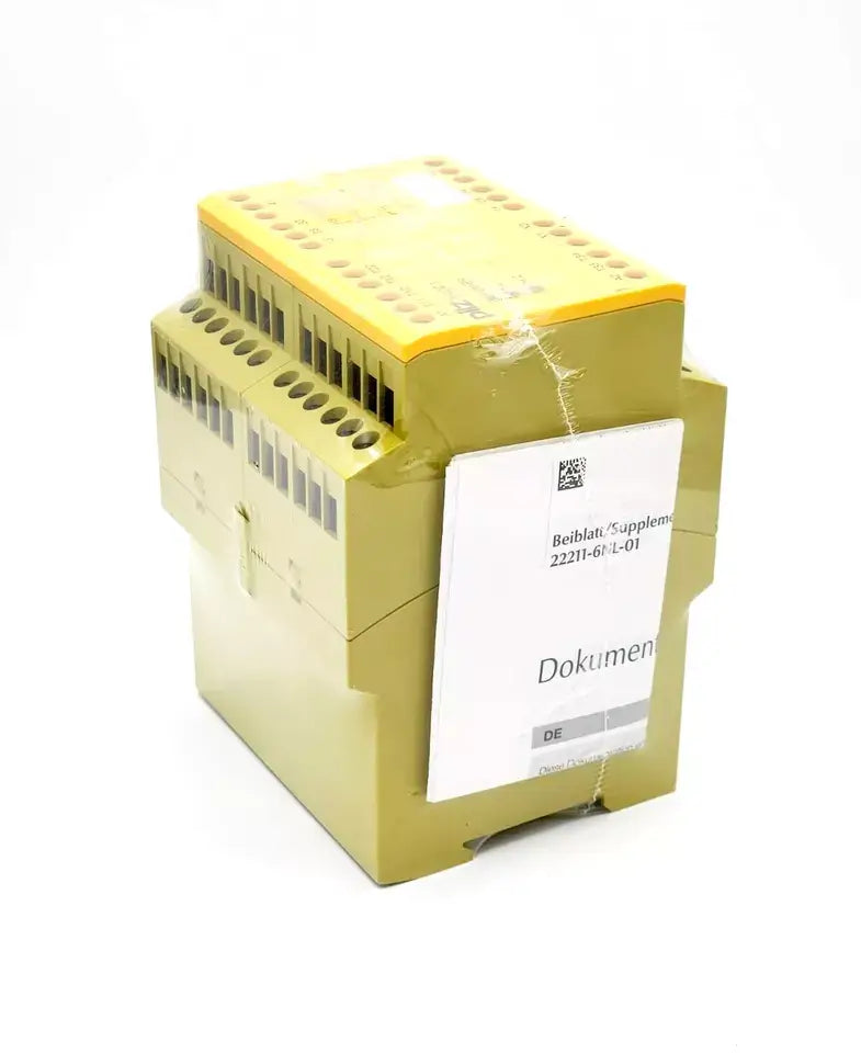 Pilz 775650 PNOZ 1 safety relay device, standalone 230-240VAC, shown in packaging with documentation label.