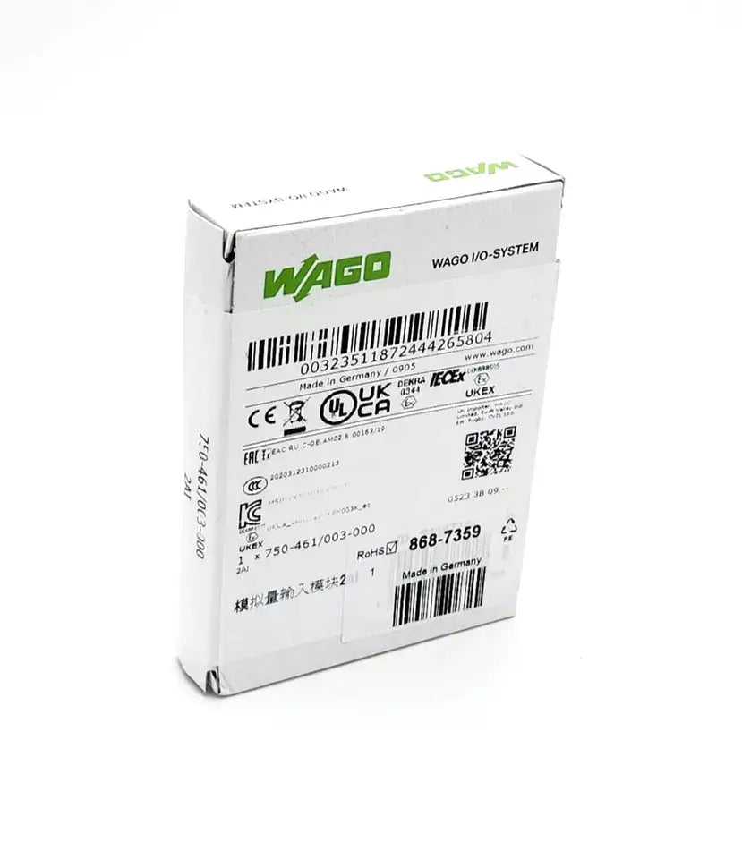 Wago 750-461/003-000 packaging, 2-channel analog input module for resistance sensors, Pt100/RTD, adjustable, box view.